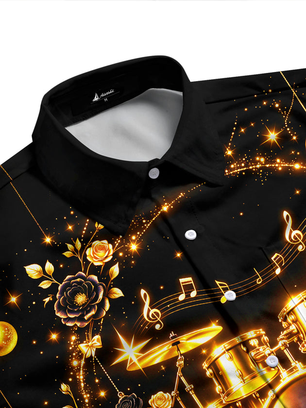 Adaychic Men's Long Sleeve Shirt - Christmas Ornaments And Musical Notes Print Golden Drum Set And Roses Print with Chest Pocket