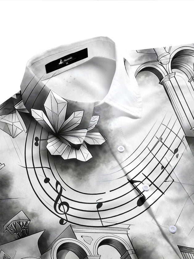 Adaychic Men's Short Sleeve Shirt - Fantasy Architecture With Crystals And Music Notes Print with Chest Pocket