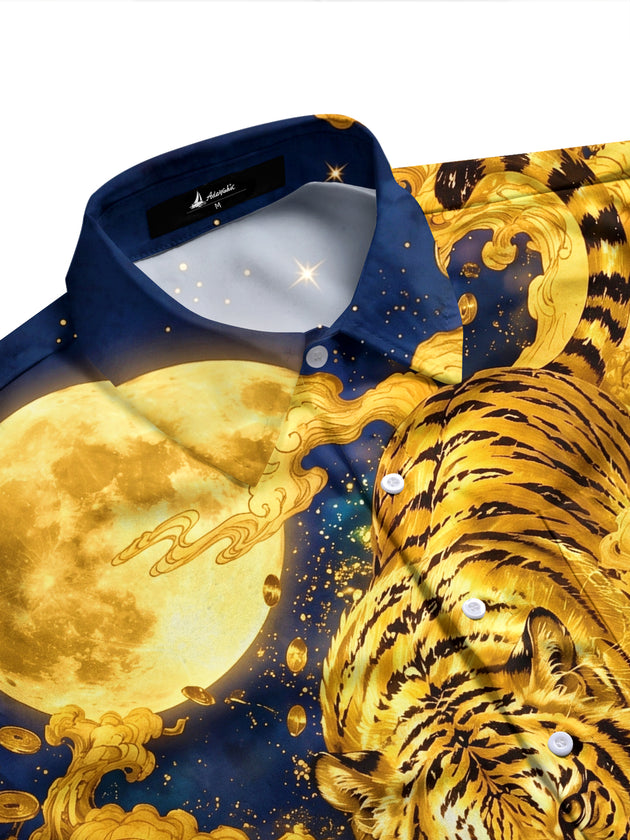 Adaychic Men's Graphic Golden Tiger Print Full Moon Print Long Sleeve Shirt with Chest Pocket
