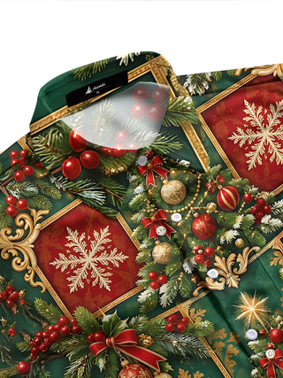 Adaychic Men's Printed Christmas Tree And Ornaments Print Long Sleeve Shirt with Chest Pocket