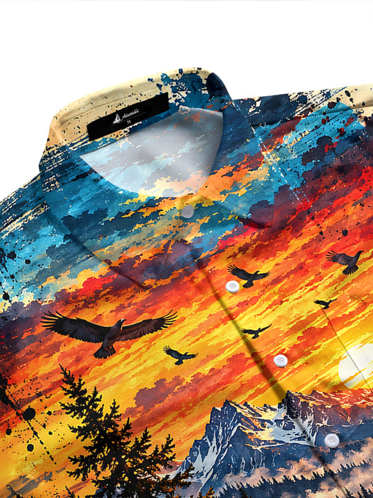 Adaychic Men's Graphic Mountain Sunset Landscape Print Long Sleeve Shirt with Chest Pocket