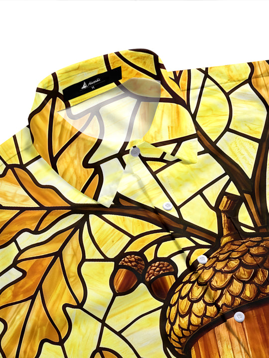 Adaychic Men's Hawaiian Stained Glass Acorn Print Short Sleeve Shirt with Chest Pocket
