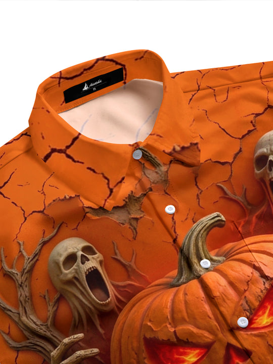 Adaychic Men's Halloween Jack-o-lantern And Skulls Print Short Sleeve Shirt with Chest Pocket
