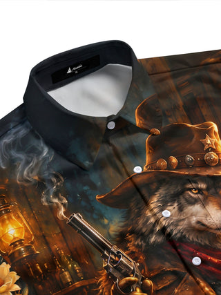 Adaychic Men's Short Sleeve Shirt - Western Wolf Cowboy With Revolver And Whiskey Print with Chest Pocket
