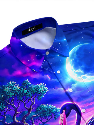 Adaychic Men's Short Sleeve Shirt - Purple Flamingo And Underwater Fantasy Scene Print with Chest Pocket