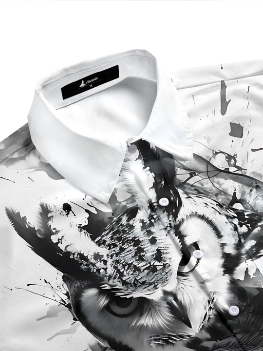 Adaychic Men's Printed Owl Graphic Ink Splatter Print Short Sleeve Shirt with Chest Pocket