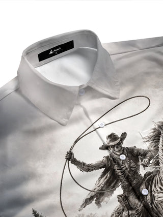 Adaychic Men's Graphic Skeleton Cowboy Print Short Sleeve Shirt with Chest Pocket