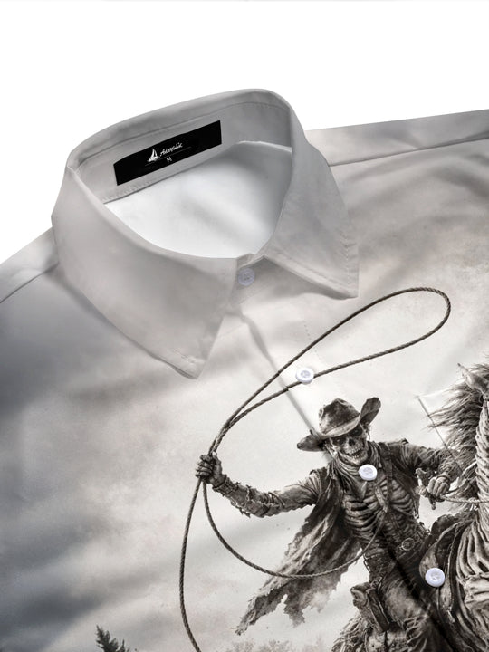 Adaychic Men's Graphic Skeleton Cowboy Print Short Sleeve Shirt with Chest Pocket