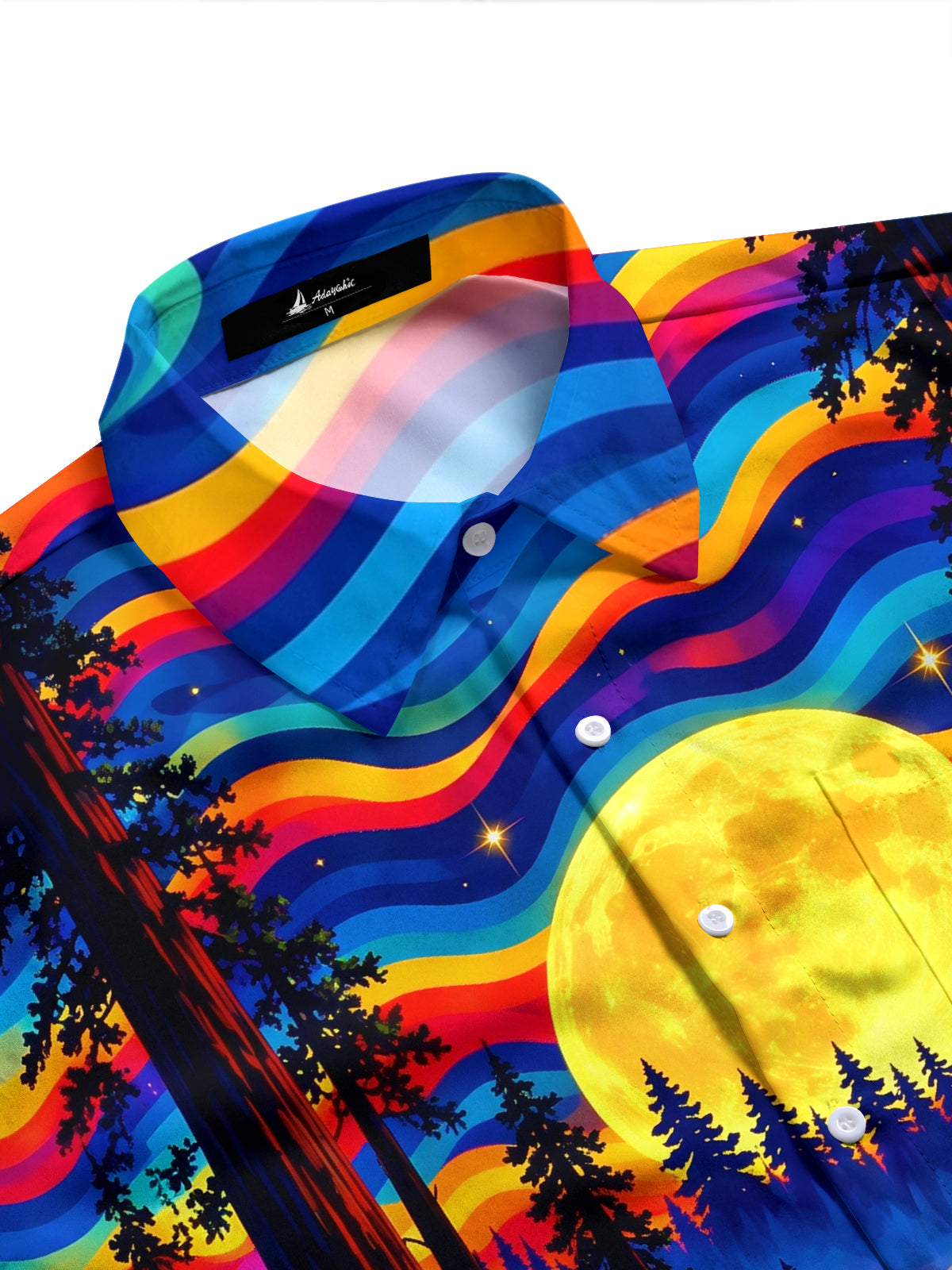 Adaychic Men's Long Sleeve Stand Collar Shirt - Psychedelic Forest Landscape With Full Moon Print