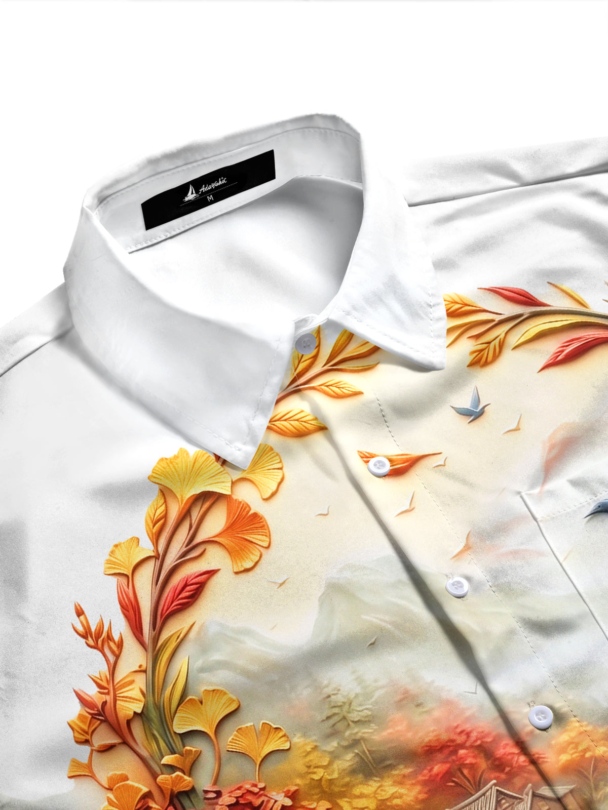 Adaychic Men's Long Sleeve Shirt - Ancient Village Autumn Landscape With Birds And Bridge Print with Chest Pocket