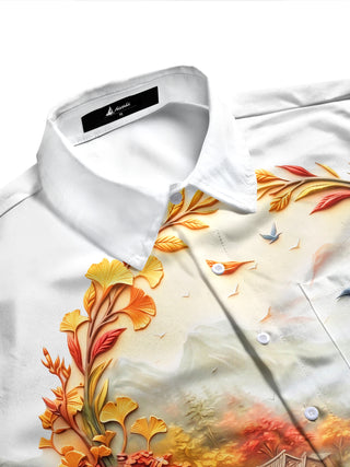Adaychic Men's Long Sleeve Shirt - Ancient Village Autumn Landscape With Birds And Bridge Print with Chest Pocket