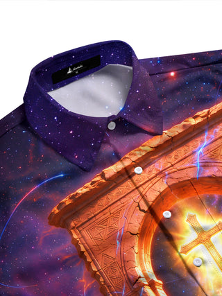 Adaychic Men's Long Sleeve Shirt - Desert Arch And Glowing Cross With Galaxy Sky Print with Chest Pocket