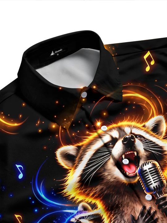 Adaychic Men's Long Sleeve Shirt - Singing Raccoons With Microphone And Musical Notes Print with Chest Pocket