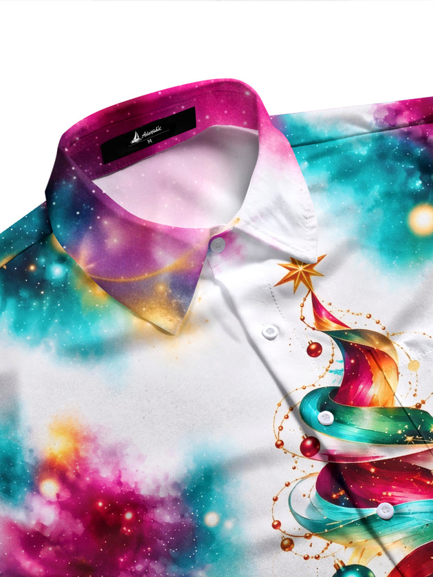 Adaychic Men's Long Sleeve Shirt - Abstract Christmas Tree With Ornaments And Snowflakes Print with Chest Pocket
