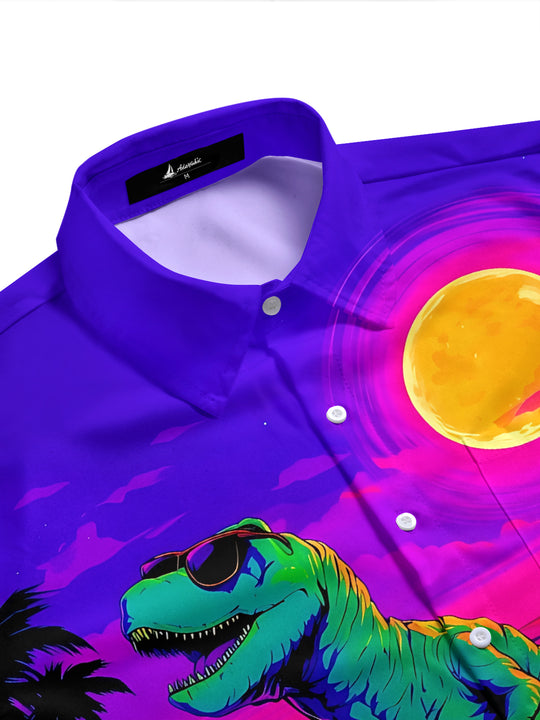 Adaychic Men's Hawaiian Dinosaur On Jet Ski Print Short Sleeve Shirt with Chest Pocket