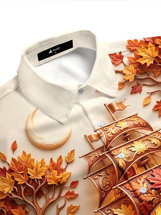 Adaychic Men's Graphic Autumn Sailing Ship Print Short Sleeve Shirt with Chest Pocket