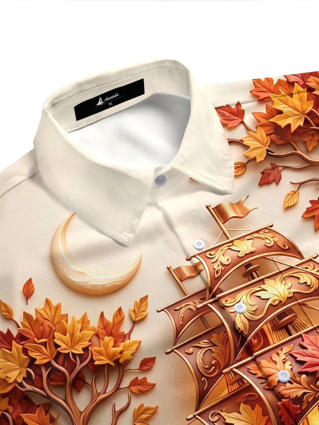 Adaychic Men's Graphic Autumn Sailing Ship Print Short Sleeve Shirt with Chest Pocket