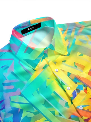 Adaychic Men's Abstract 3D Geometric Squares Print Short Sleeve Button Down Shirt with Chest Pocket