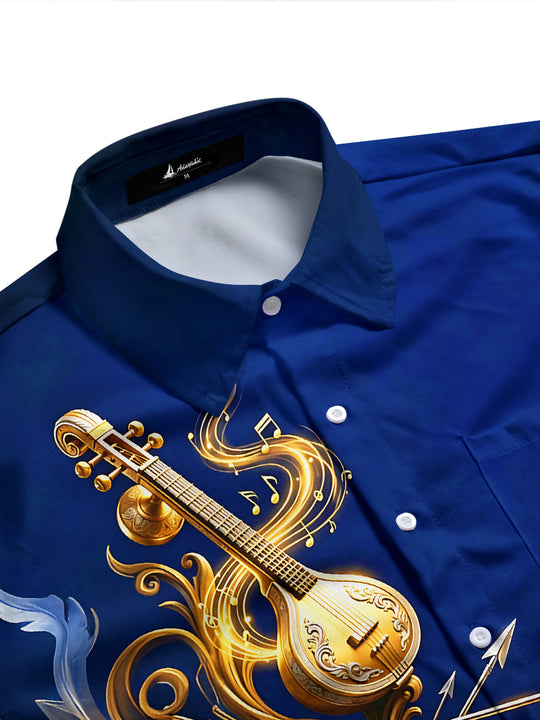Adaychic Men's Vintage Style Golden Sitar Print Long Sleeve Shirt with Chest Pocket