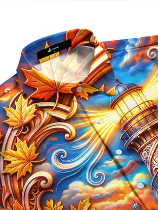 Adaychic Men's Hawaiian Lighthouse And Autumn Leaves Print Long Sleeve Shirt with Chest Pocket