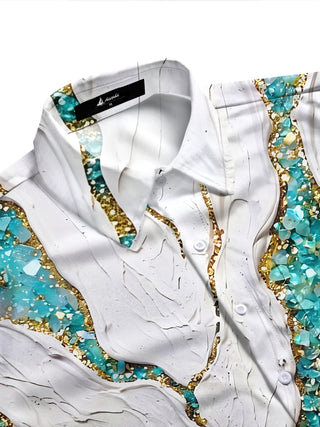 Adaychic Men's Printed Abstract Marble Texture Print Long Sleeve Shirt with Chest Pocket