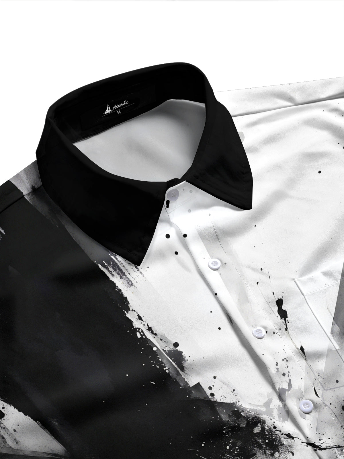 Adaychic Men's Long Sleeve Shirt - Abstract Black And White Ink Splatter With Geometric Grid Print with Chest Pocket