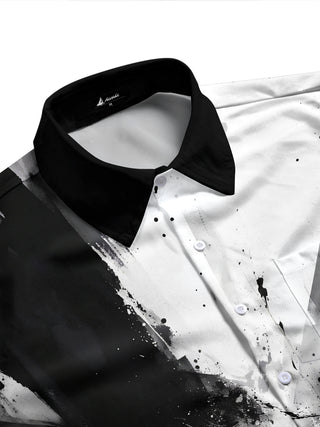 Adaychic Men's Long Sleeve Shirt - Abstract Black And White Ink Splatter With Geometric Grid Print with Chest Pocket