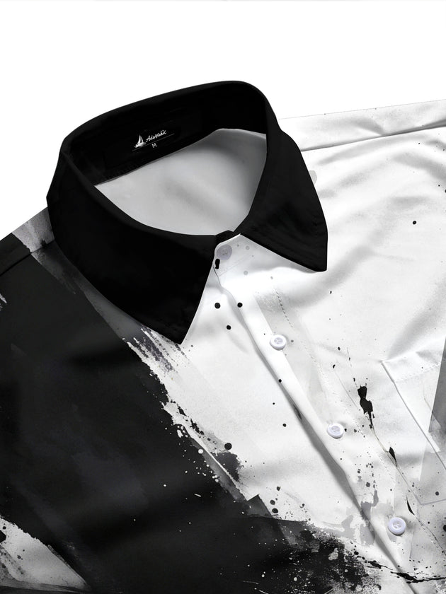 Adaychic Men's Long Sleeve Shirt - Abstract Black And White Ink Splatter With Geometric Grid Print with Chest Pocket