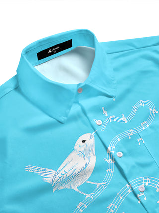 Adaychic Men's Hawaiian Bird On Musical Staff Print Short Sleeve Shirt with Chest Pocket