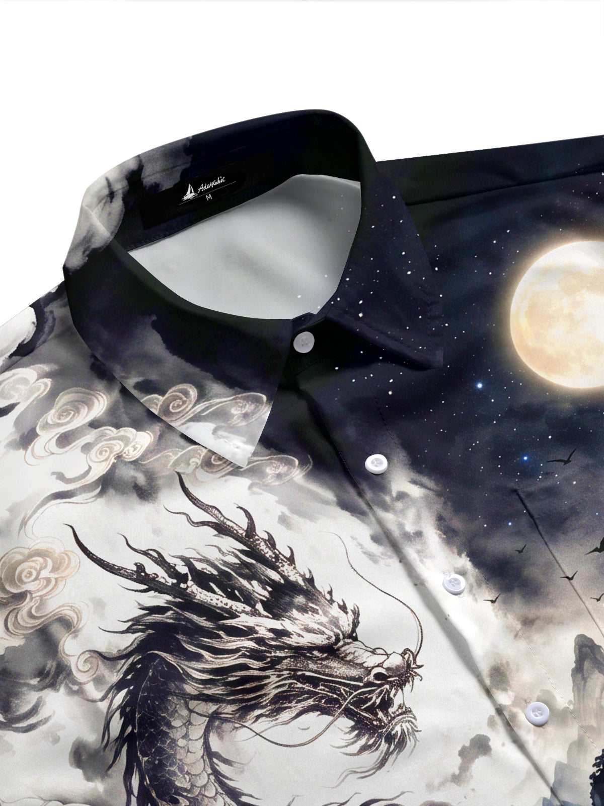 Adaychic Men's Short Sleeve Shirt - Ink Dragon And Moonlit Mountain Landscape Print with Chest Pocket