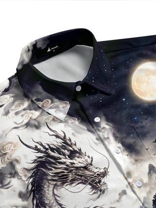 Adaychic Men's Short Sleeve Shirt - Ink Dragon And Moonlit Mountain Landscape Print with Chest Pocket