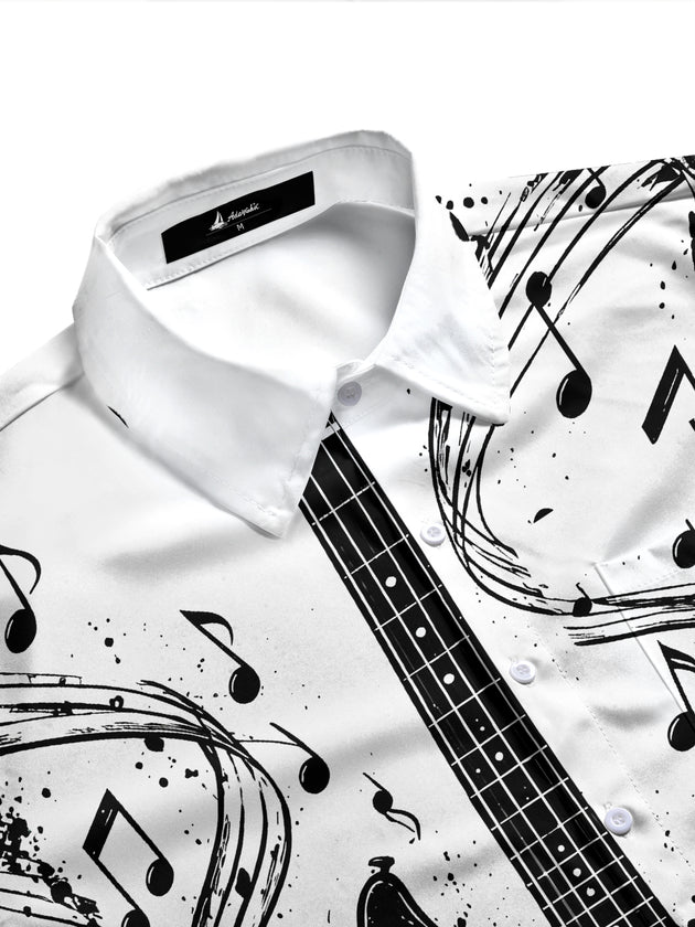Adaychic Men's Long Sleeve Shirt - Electric Guitar And Piano Keys With Musical Notes Print with Chest Pocket