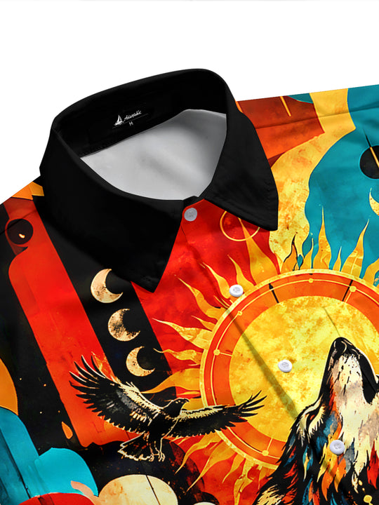Adaychic Men's Hawaiian Howling Wolf Print Short Sleeve Shirt with Chest Pocket