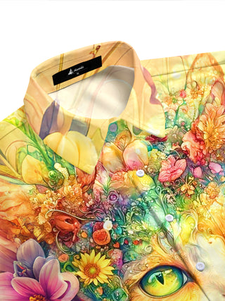 Adaychic Men's Hawaiian Cat Face Print Floral Pattern Short Sleeve Shirt with Chest Pocket