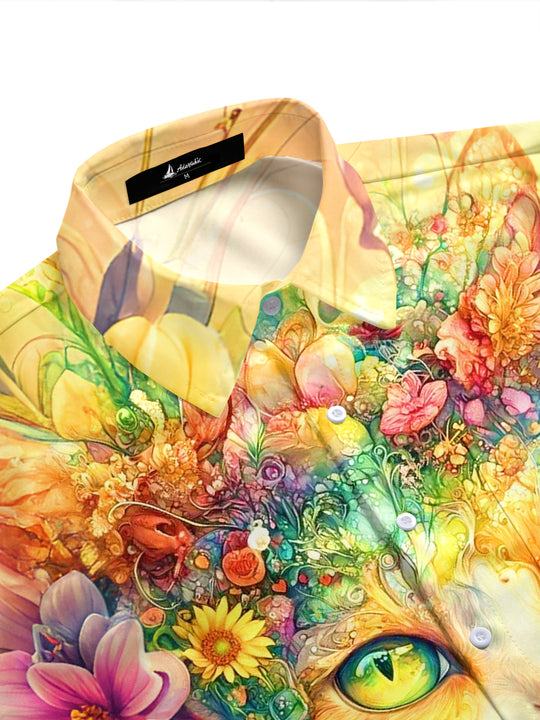 Adaychic Men's Hawaiian Cat Face Print Floral Pattern Short Sleeve Shirt with Chest Pocket