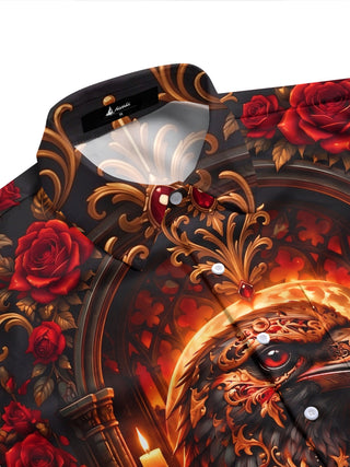 Adaychic Men's Graphic Gothic Crow Print Red Roses Print Short Sleeve Shirt