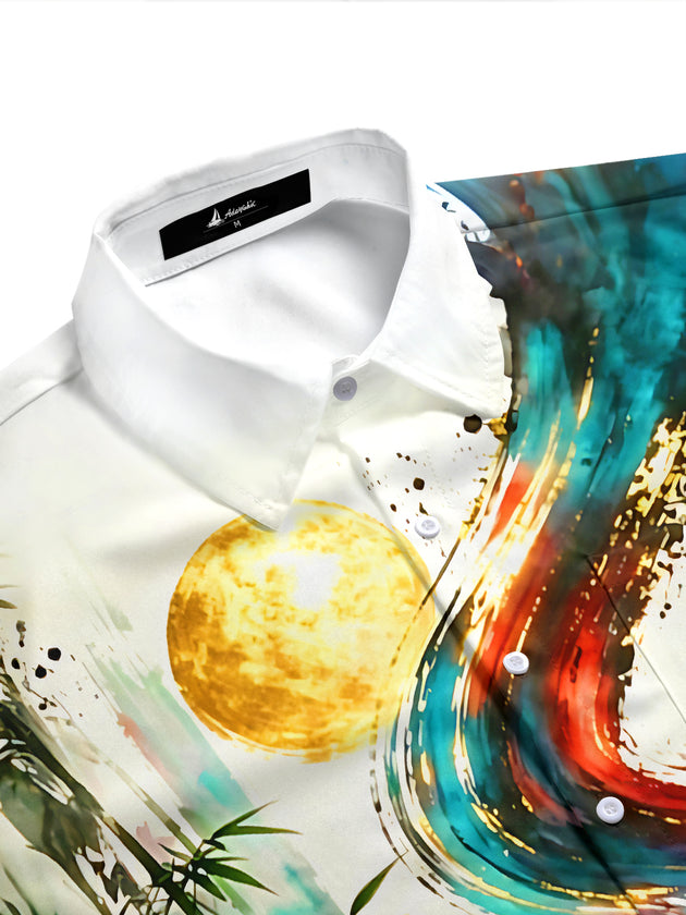 Adaychic Men's Graphic Ink Brush Moon Bamboo Print Short Sleeve Shirt with Chest Pocket