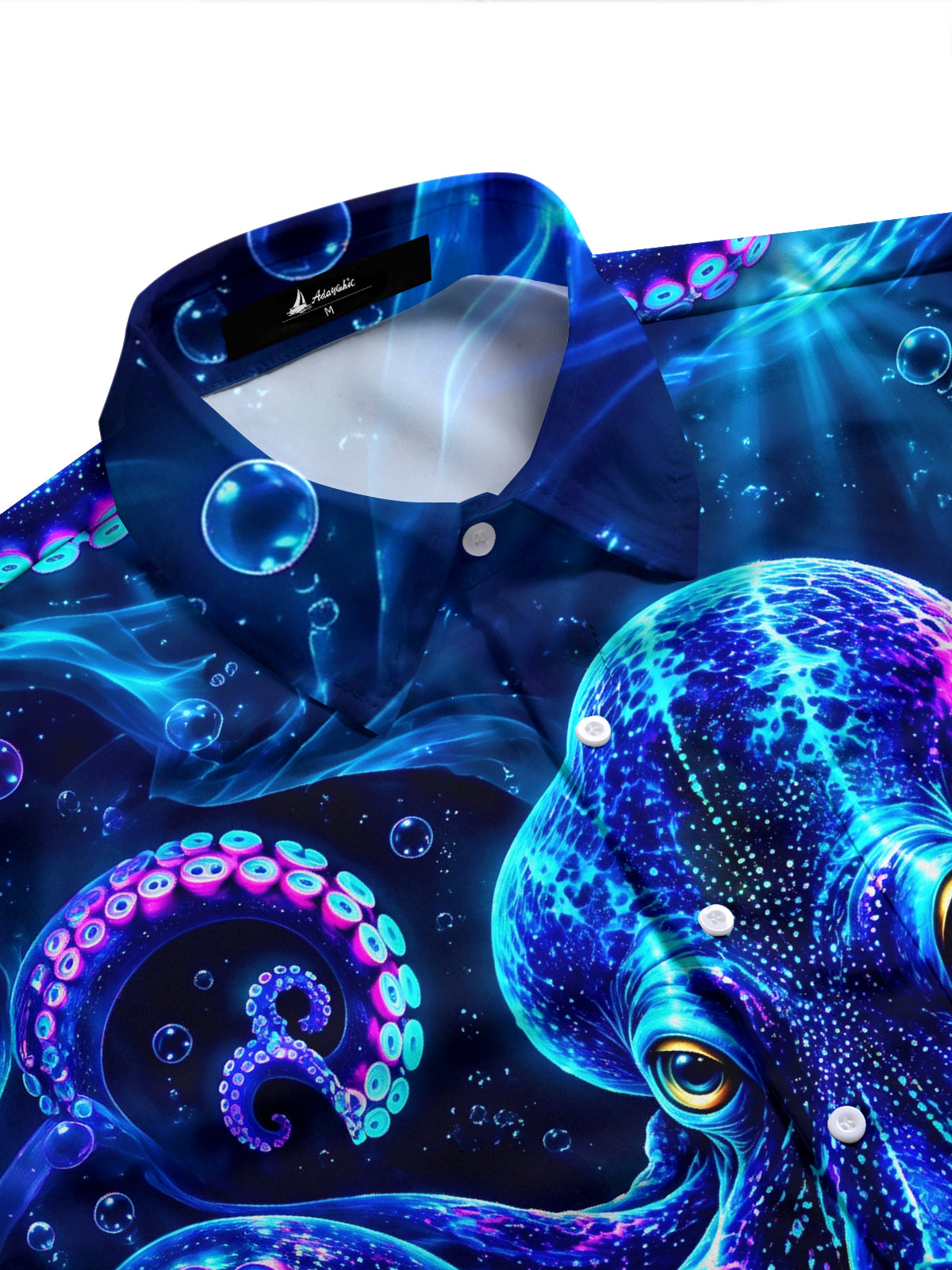 Adaychic Men's Hawaiian Neon Octopus And Bubbles Print Long Sleeve Shirt
