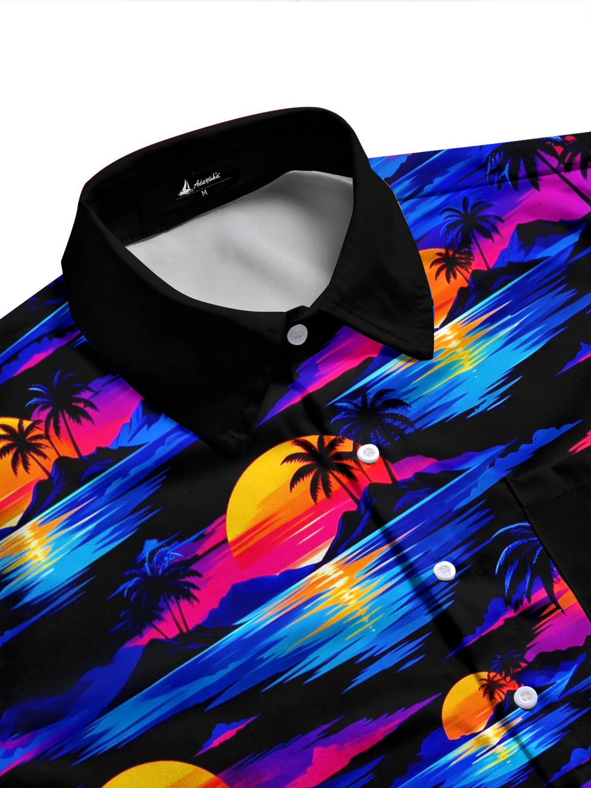 Adaychic Men's Neon Sunset Palm Trees And Ocean Waves Print Long Sleeve Shirt with Chest Pocket