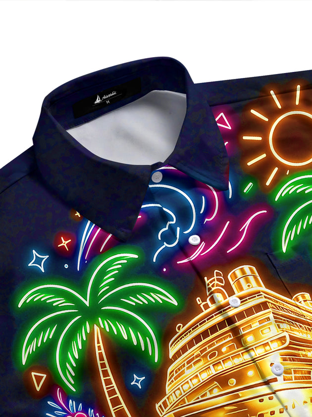 Adaychic Men's Hawaiian Floral Neon Cruise Ship Tropical Print Short Sleeve Button Down Shirt with Chest Pocket
