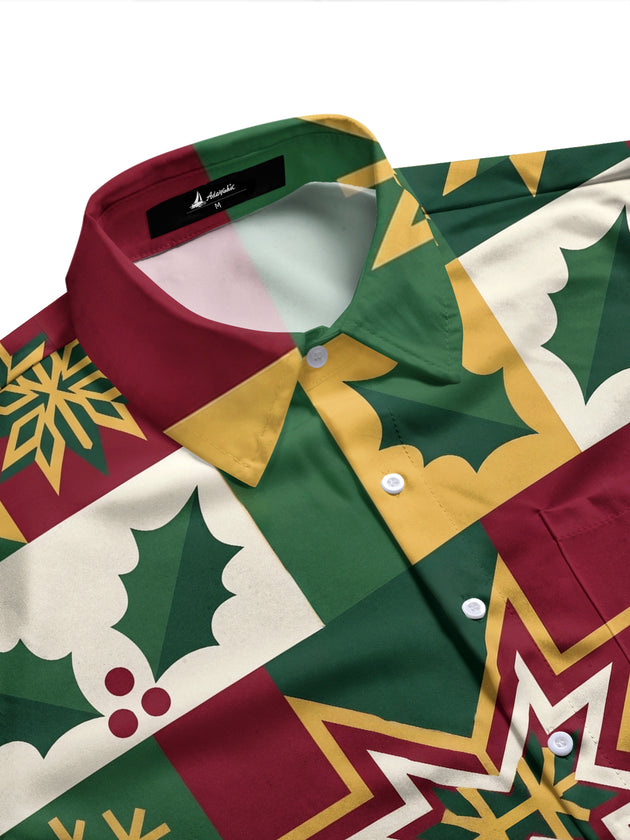 Adaychic Men's Long Sleeve Shirt - Christmas Patchwork With Holly Leaves And Snowflakes Print with Chest Pocket