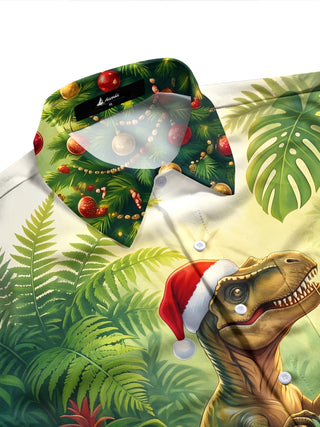 Adaychic Men's Hawaiian Dinosaur Christmas Tree Print Long Sleeve Shirt with Chest Pocket