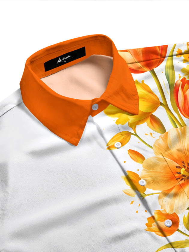 Adaychic Men's Hawaiian Orange Tulip Flowers Print Long Sleeve Shirt with Chest Pocket