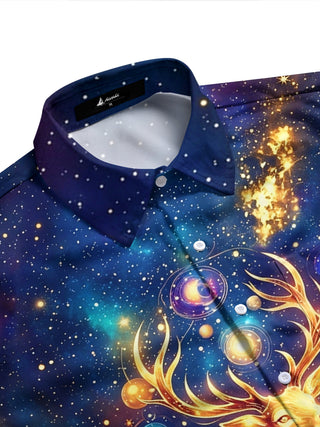 Adaychic Men's Golden Deer With Cosmic Background Print Long Sleeve Shirt with Chest Pocket