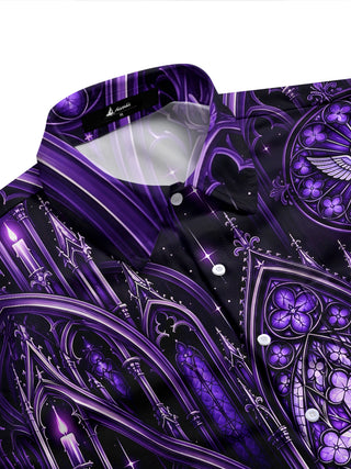 Adaychic Men's Long Sleeve Shirt - Gothic Cathedral Stained Glass With Cross And Dove Print with Chest Pocket