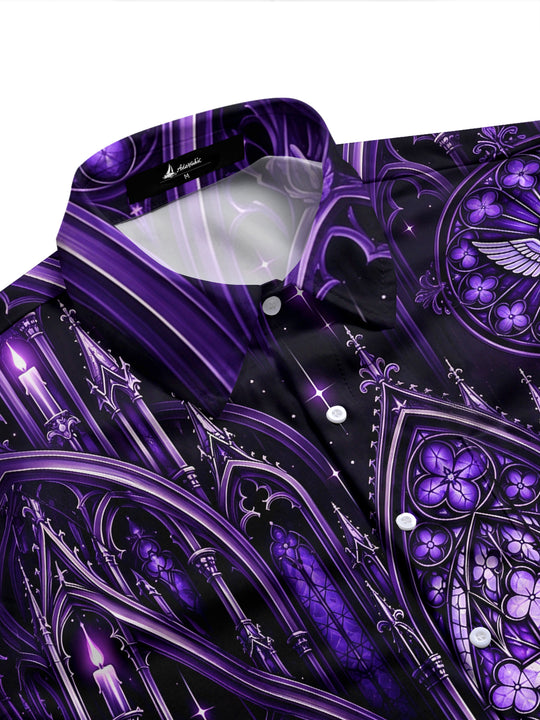 Adaychic Men's Long Sleeve Shirt - Gothic Cathedral Stained Glass With Cross And Dove Print with Chest Pocket