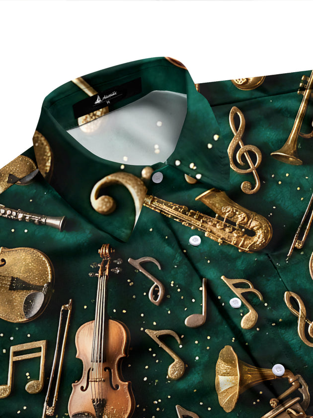 Adaychic Men's Vintage Musical Instruments And Notes Print Long Sleeve Shirt with Chest Pocket