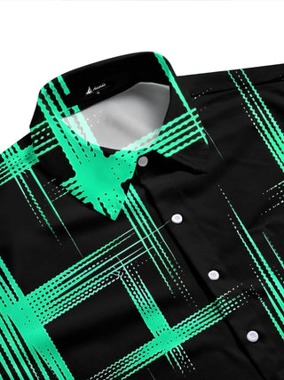 Adaychic Men's Hawaiian Geometric Grid Lines Print Short Sleeve Shirt with Chest Pocket