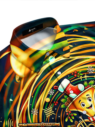 Adaychic Men's Graphic Christmas Musical Instruments Print Long Sleeve Shirt with Chest Pocket