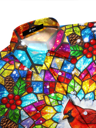 Adaychic Men's Christmas Stained Glass Cardinal Bird Print Long Sleeve Shirt with Chest Pocket